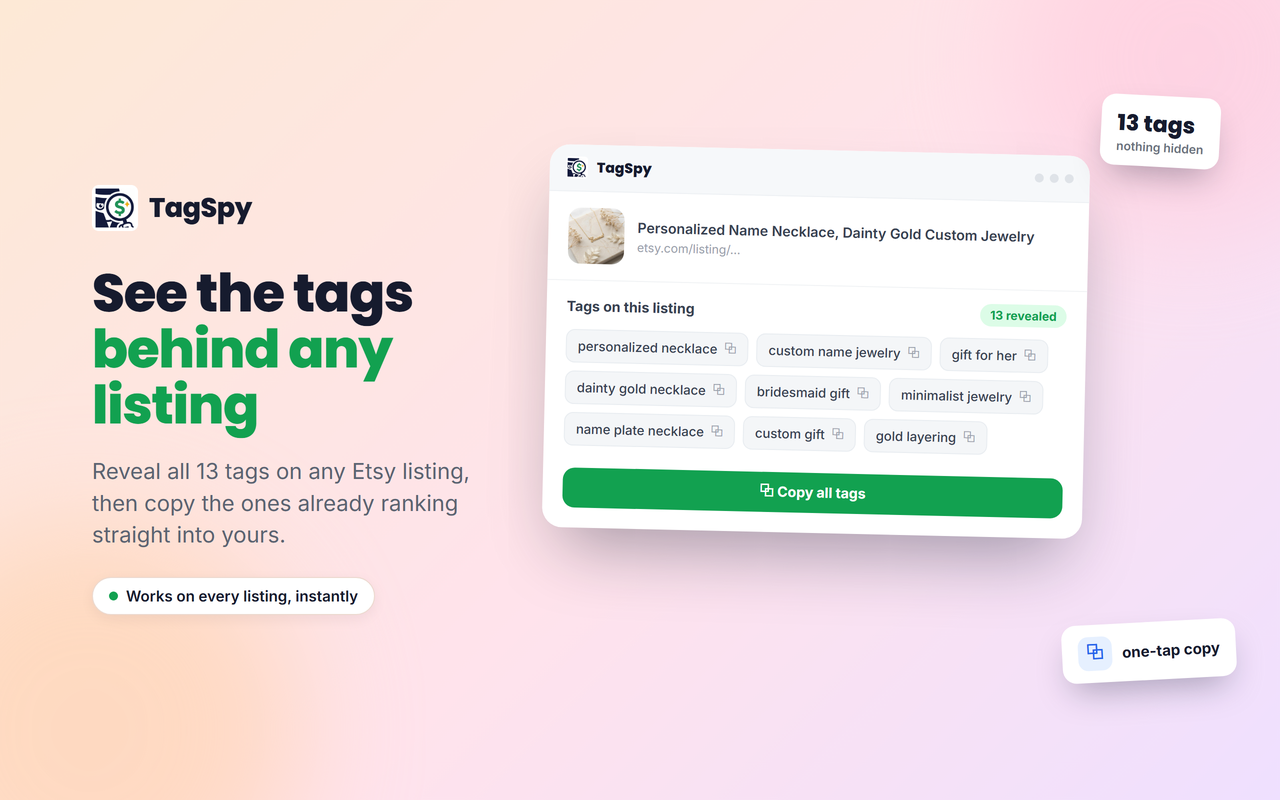 TagSpy revealing an Etsy listing's hidden tags