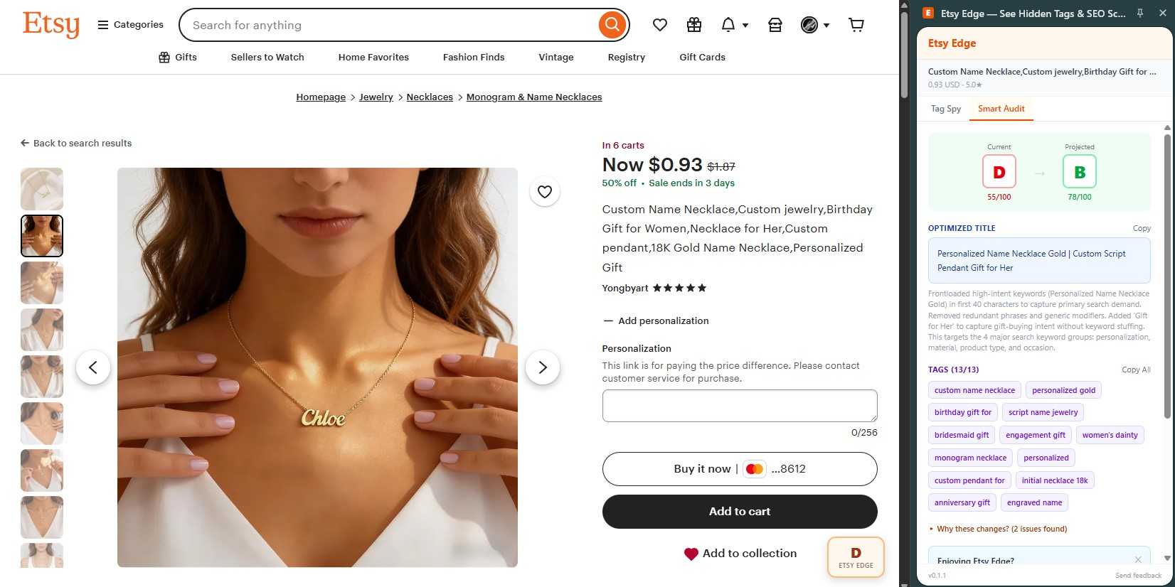 TagSpy tag tool showing hidden tags and optimization score on an Etsy listing
