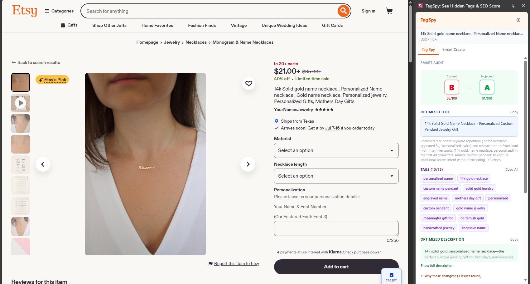 TagSpy Smart Audit analyzing an Etsy listing